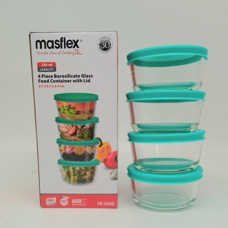 Masflex FoodKeep Round 4pc FE-230G (230ml) | Borosilicate Glass Food Container with Lid