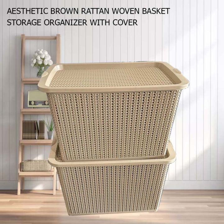 Basket Organizer Uniglobal 1159 Mocha Knitted with Cover Rectangle